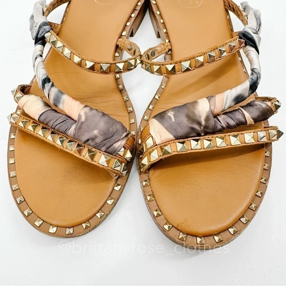 ASH Paprika Studded Leather Strappy Sandal in Nude/Floulard with Silk Scarf